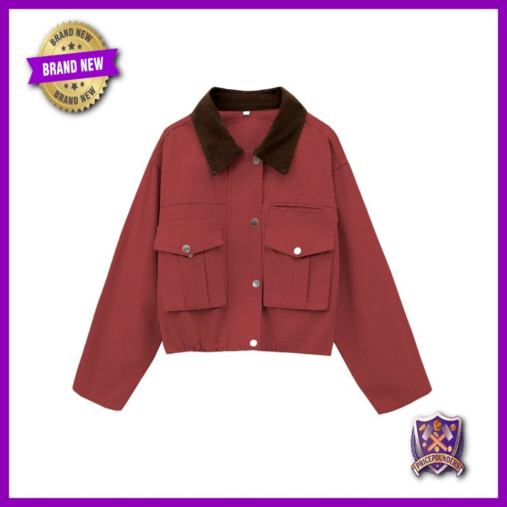Cropped Utility Jacket Casual Barn Coat Contrast Collar Cargo Pockets Oversized